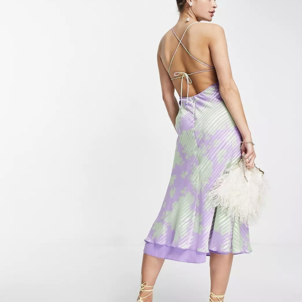 ASOS Design bias midi slip dress scoop neck satin floral print purple gr… - Picture 5 of 11